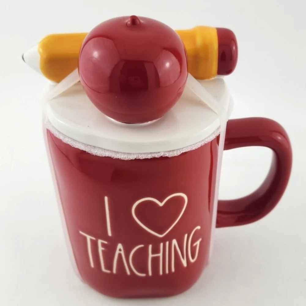 NWT RAE DUNN Artisan Collection Mug & Topper Red Large Letters I ❤️ TEACHING
